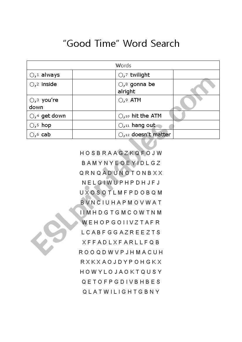 good time wordsearch worksheet