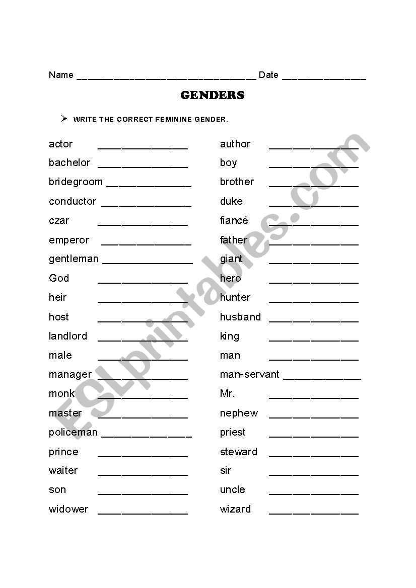 genders worksheet