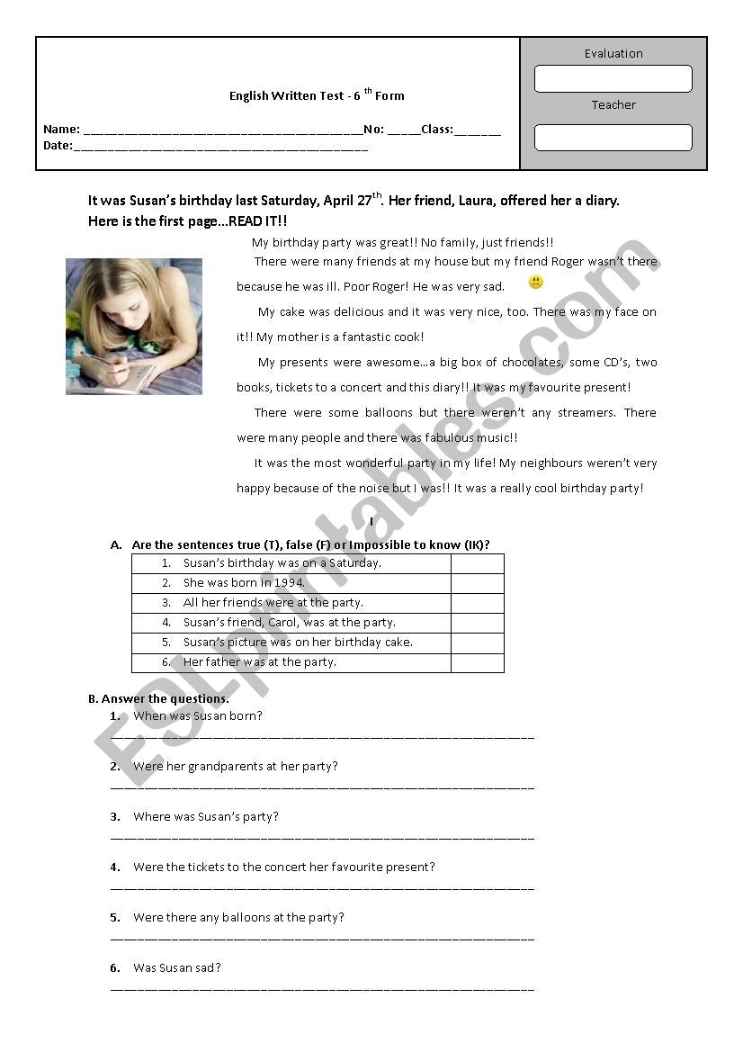 Written Test 6th graders worksheet