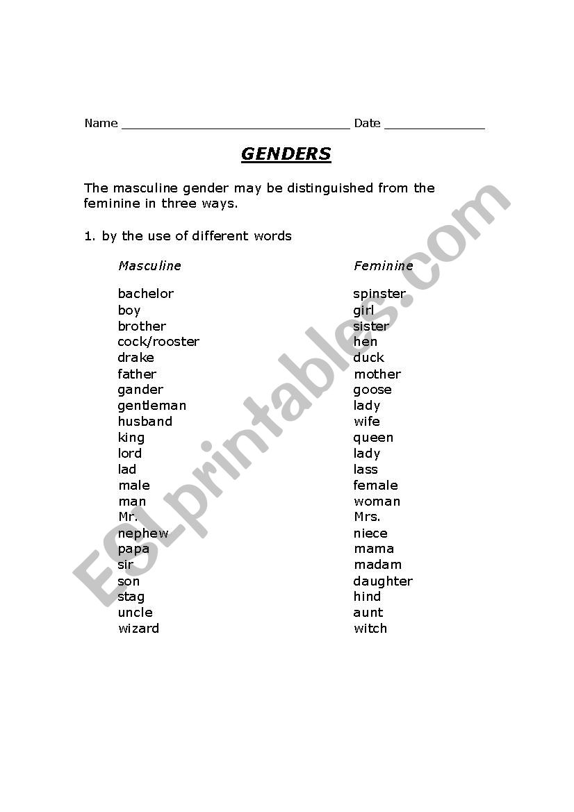 gender list worksheet