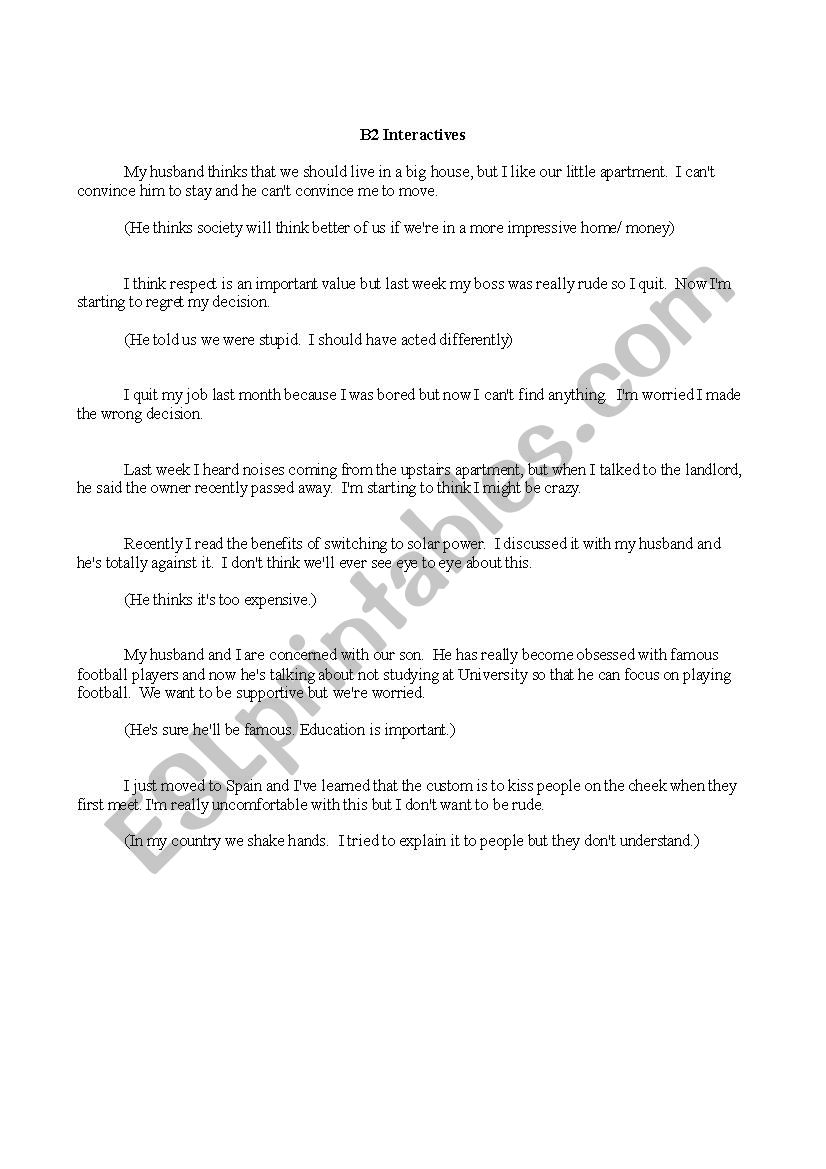 B2 Interactive Situations worksheet