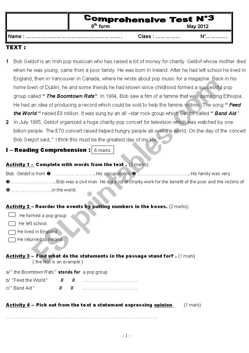 Full term test n°3 9th form May Full term test n°3 9th form May