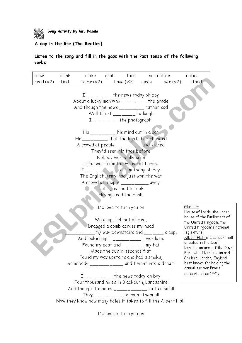 A Day in the Life worksheet