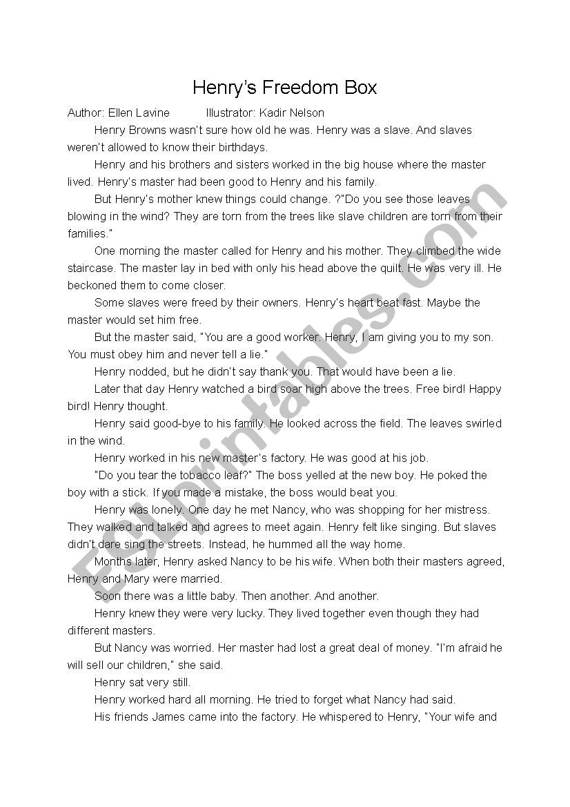 Henry´s Freedom Box Story Text - ESL worksheet by Caroline Liu