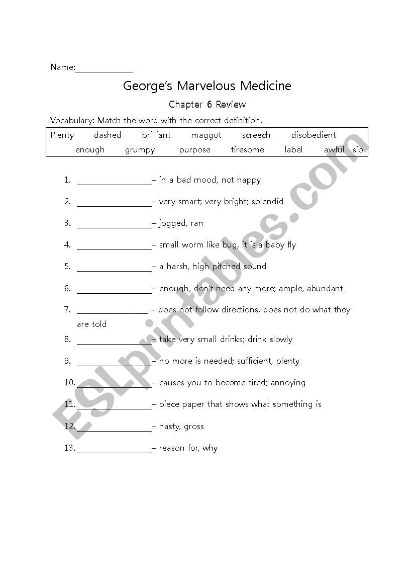 Georges Marvelous Medicine Comprehension Worksheets