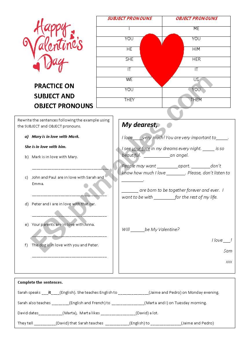 SUBJECT AND OBJECT PRONOUNS worksheet