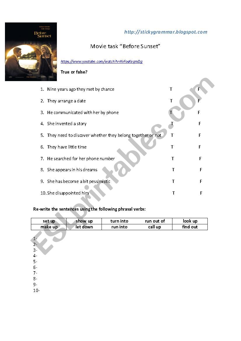 Before sunset - Phrasal verbs worksheet