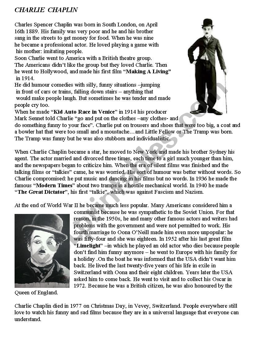 Charlie chaplin  worksheet