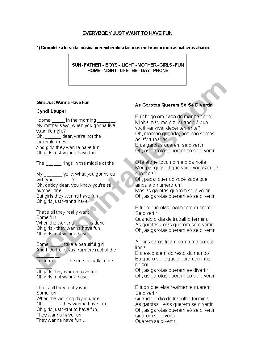 Girls just wanna have fun worksheet