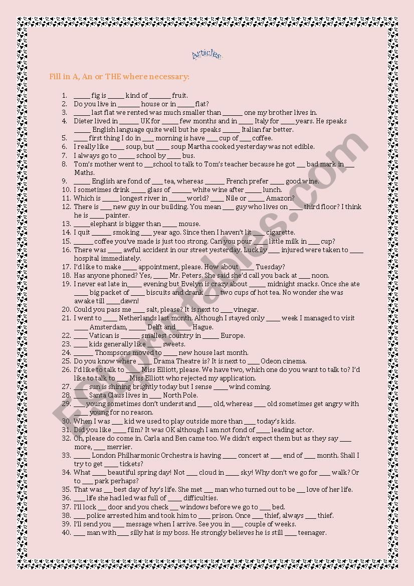 Articles worksheet