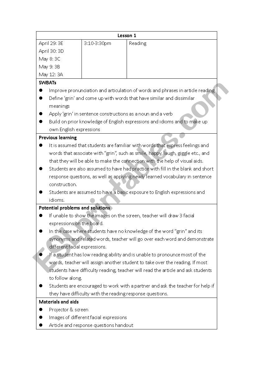 Facial Expressions Worksheet worksheet