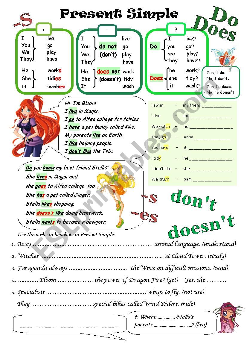 Present Simple with Winx Club worksheet