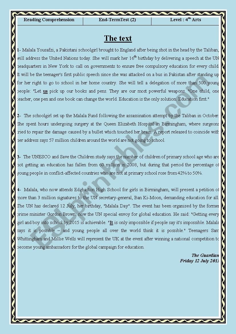 End-Term Test (2) Reading comprehension