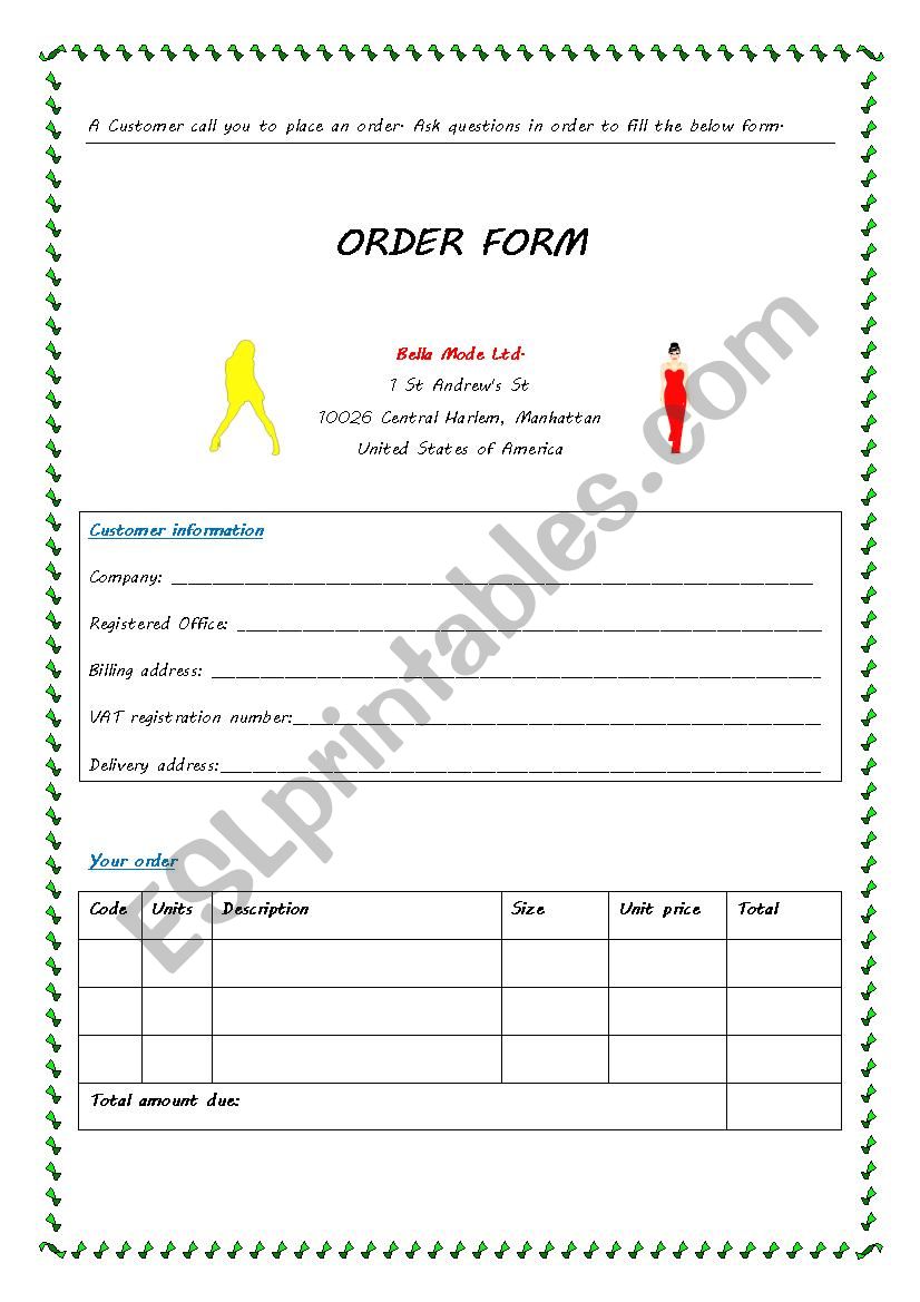 Order Form worksheet
