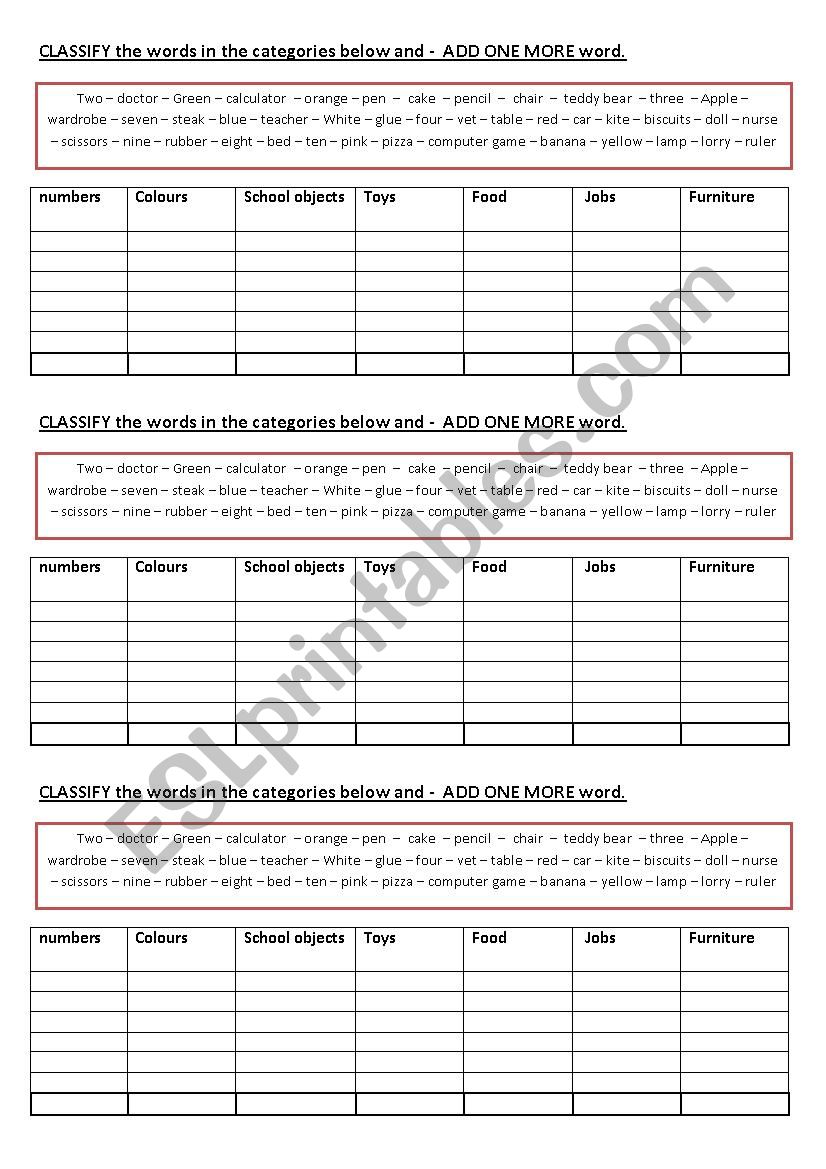 classify the words worksheet