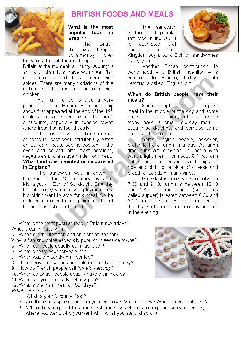 British food and meals worksheet