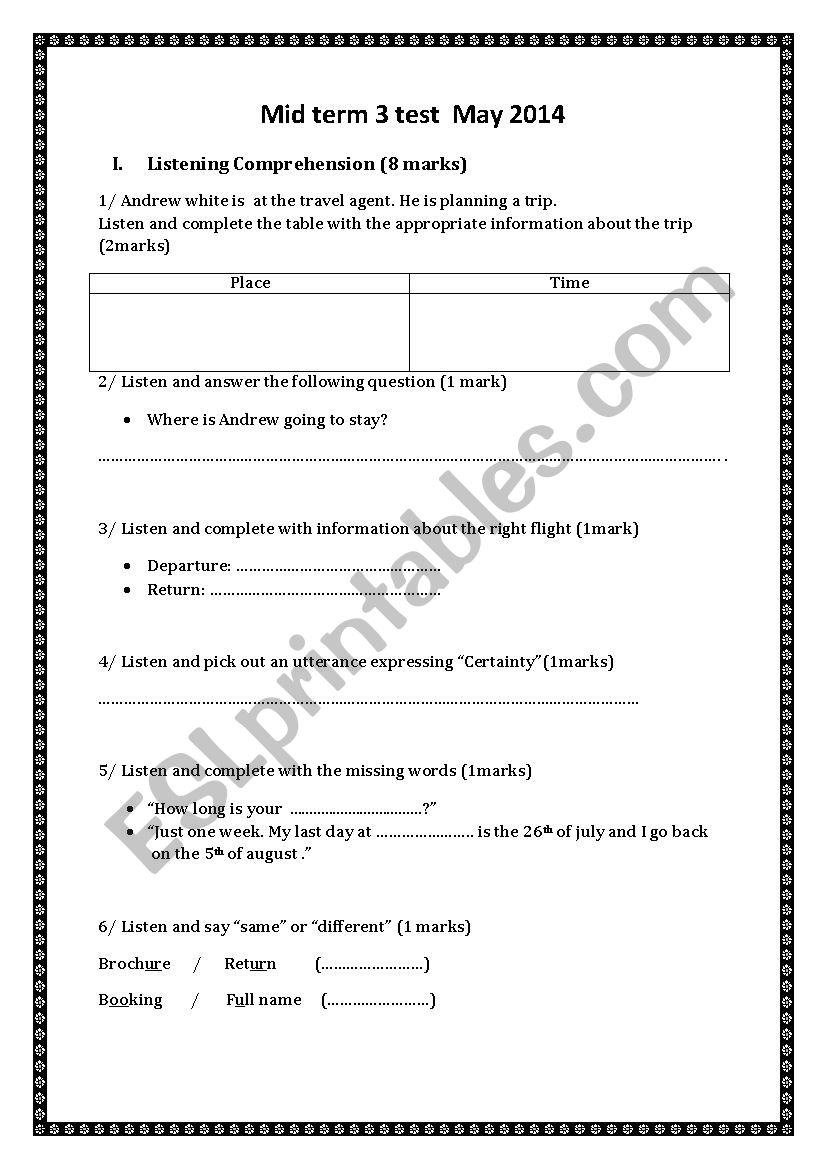 Mid term test 3 9th form  worksheet