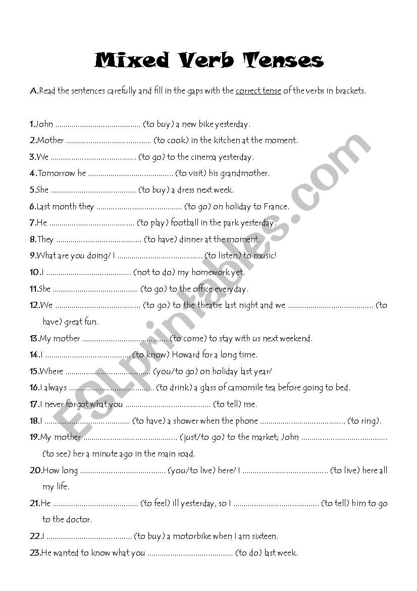 Mixed Verb tenses worksheet