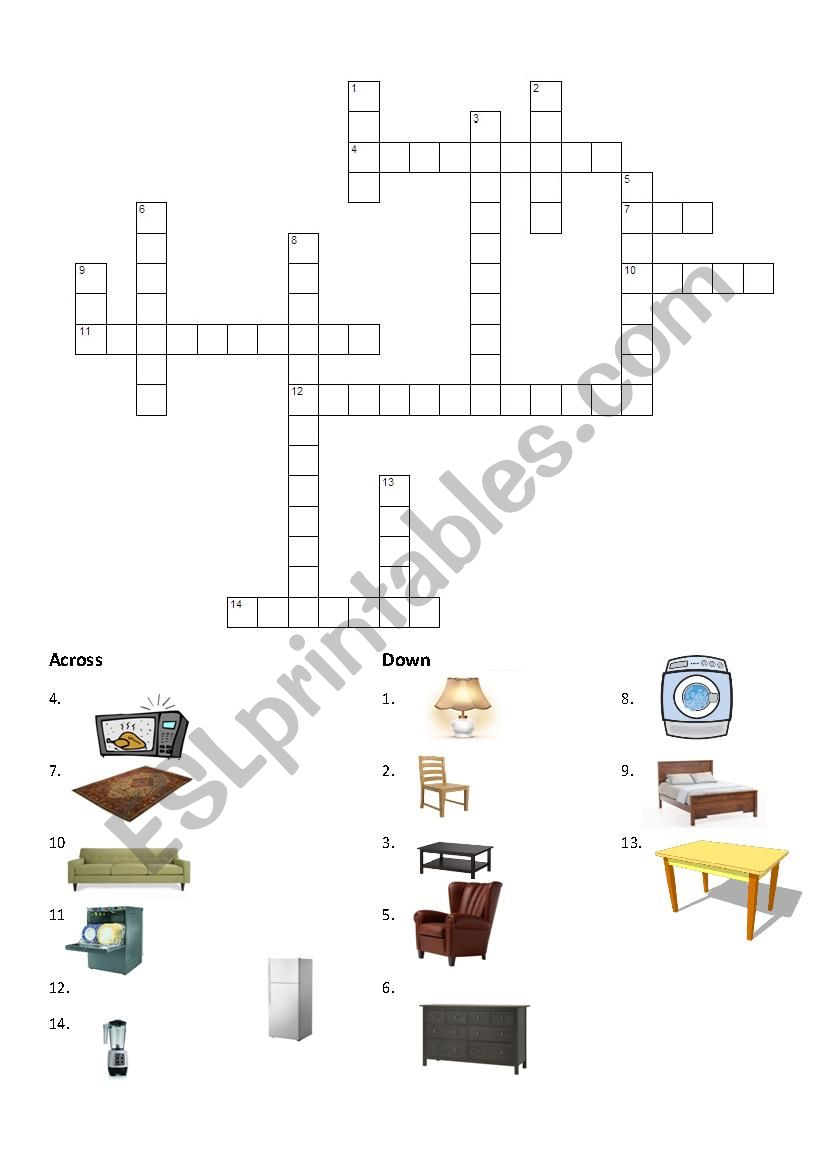 furniture crossword puzzle worksheet