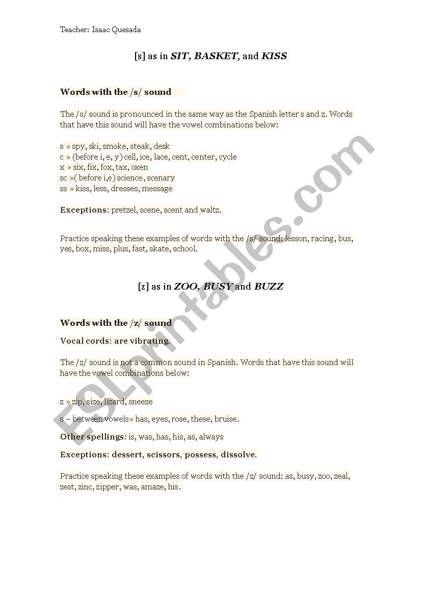 pronunciation /s/ and /z/ worksheet