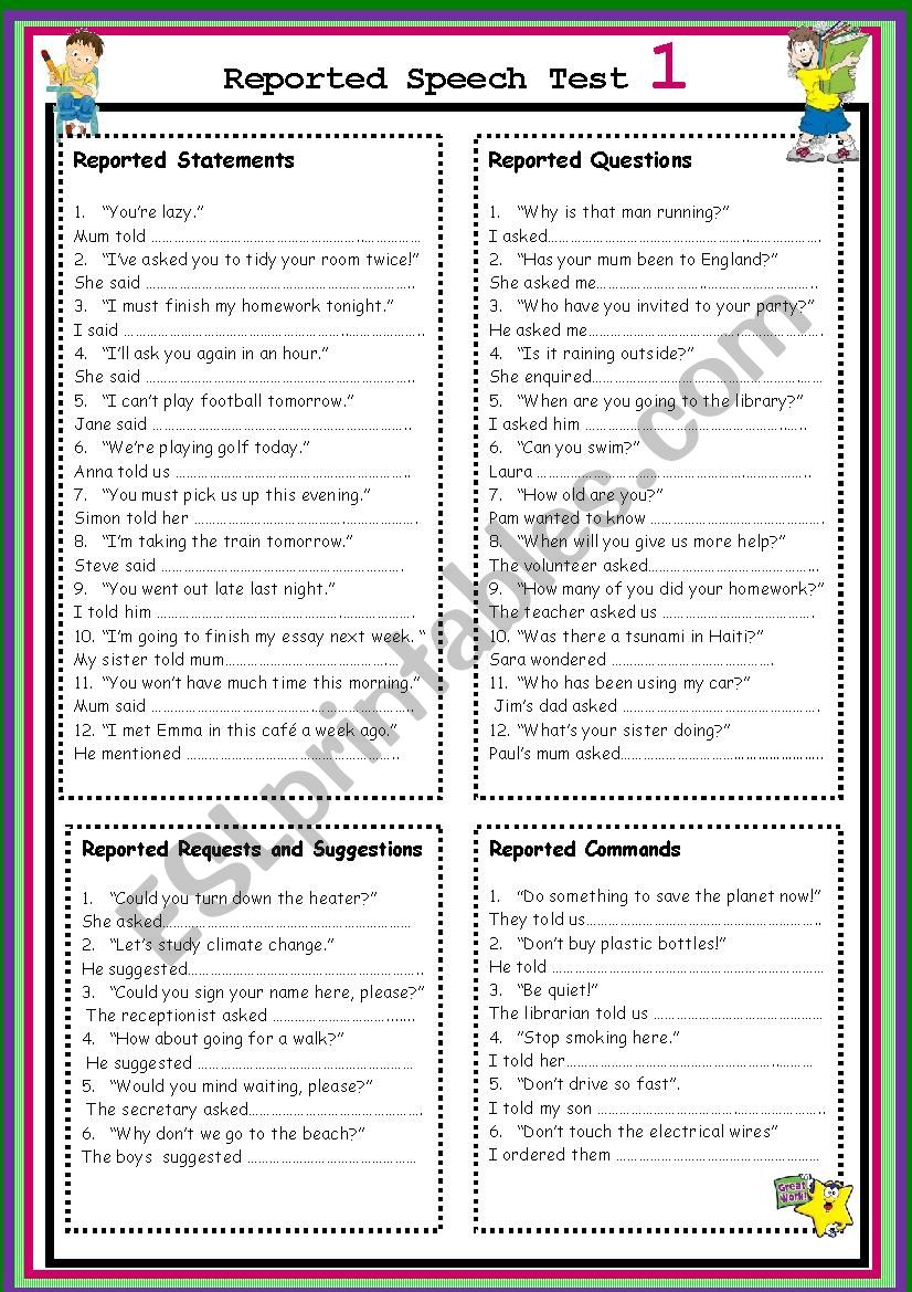 Reported Speech Test 1 worksheet