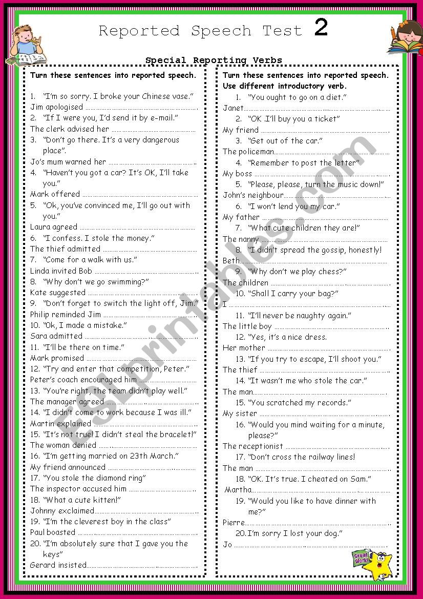 Special Reporting Verbs Test worksheet