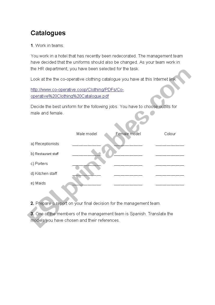 Catalogue role-play worksheet