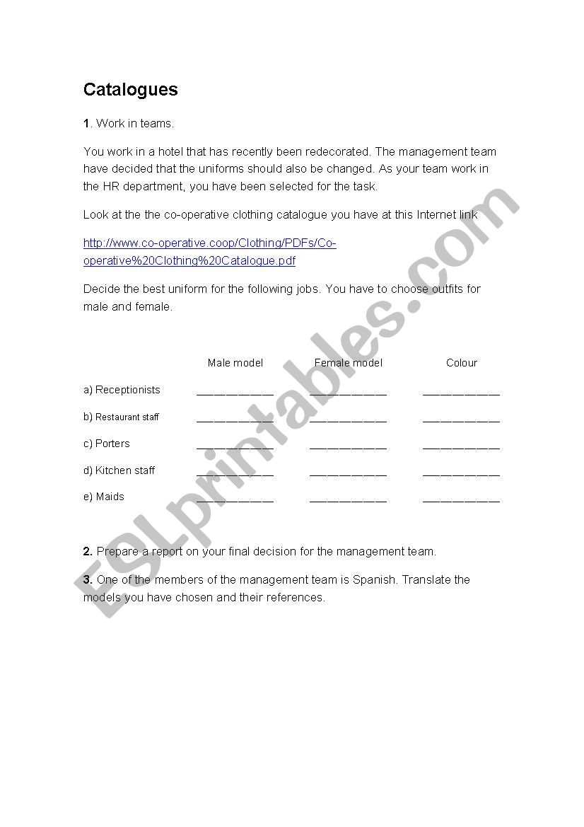 Catalogue role-play worksheet