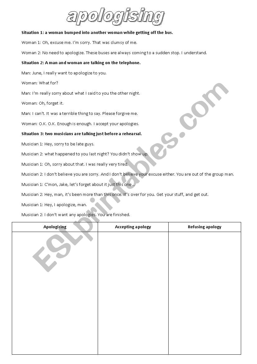 apologizing worksheet worksheet