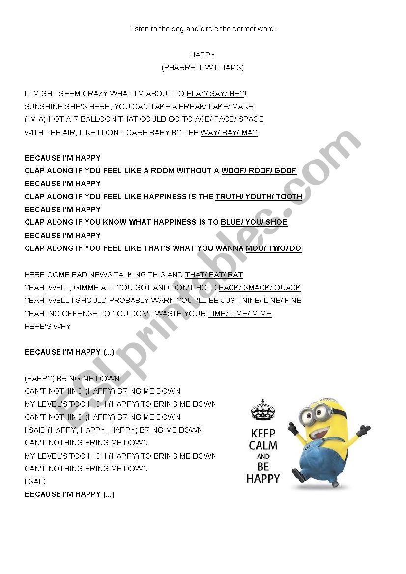 Happy - Pharrell Williams worksheet