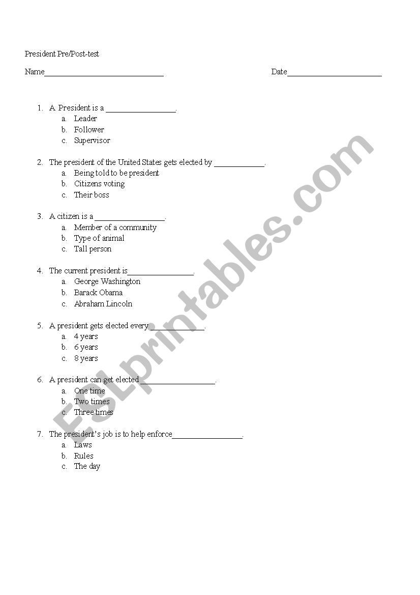 President worksheets worksheet