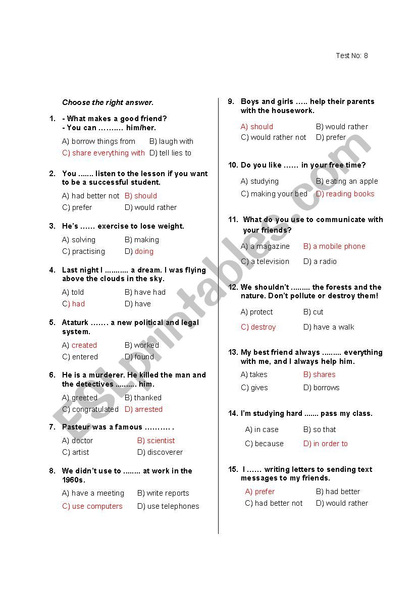 multiple choice test worksheet