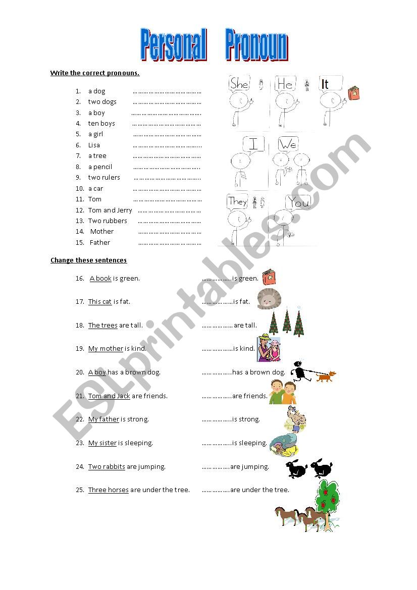 personal pronoun worksheet