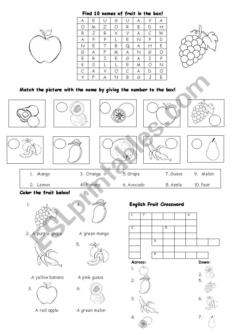 Fruit puzzle, match, color, and crossword