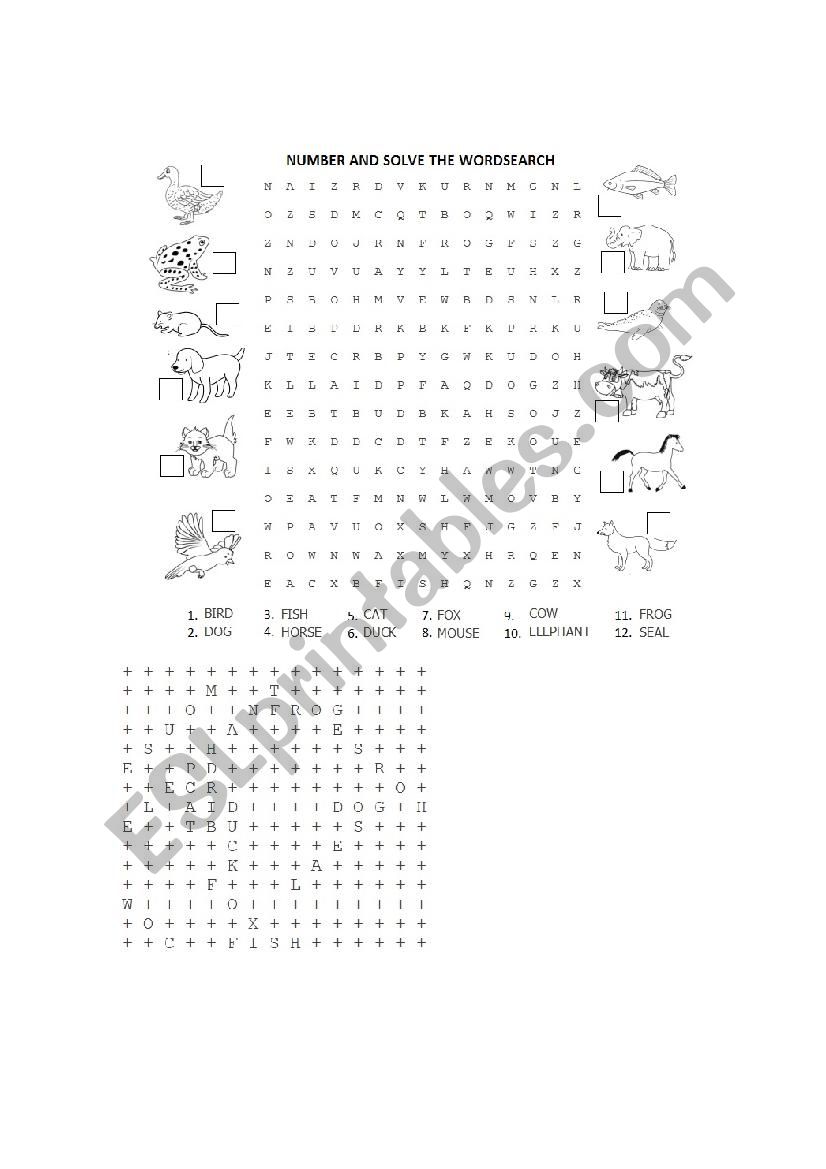 Animals wordsearch worksheet