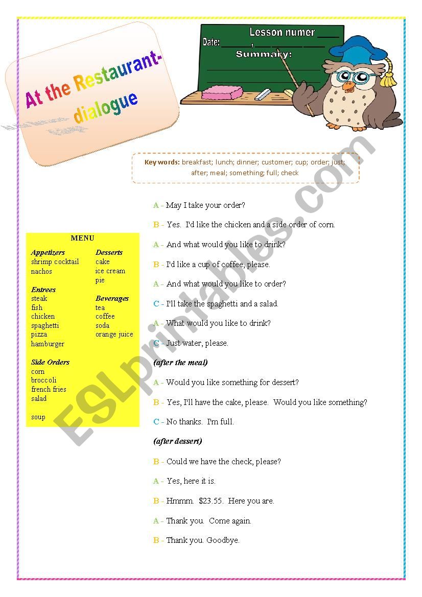 at the restaurant - dialogue worksheet