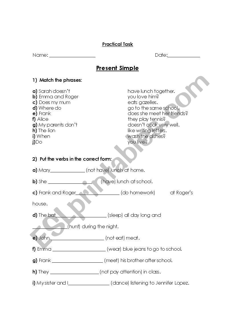 Present Simple Practical Task worksheet