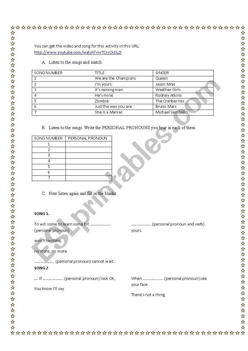 Songs with the verb to be worksheet