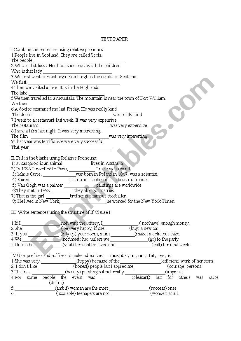 test paper worksheet