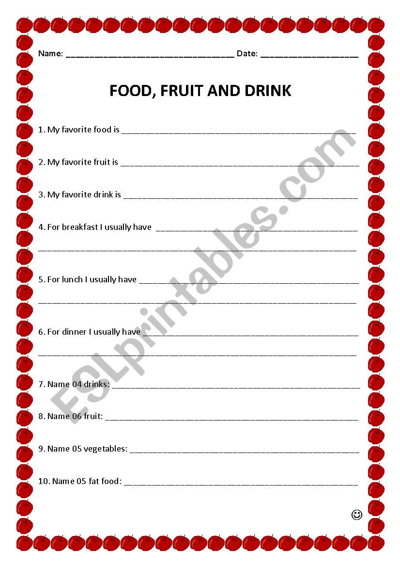 Food, fruit and drinks worksheet