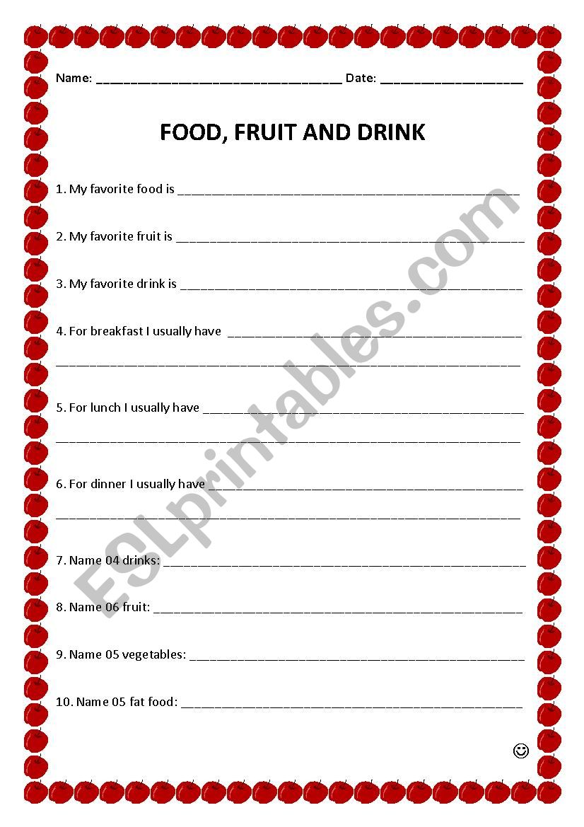 Food, fruit and drinks worksheet