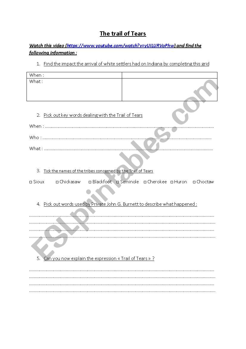 The Trail of Tears (video) worksheet