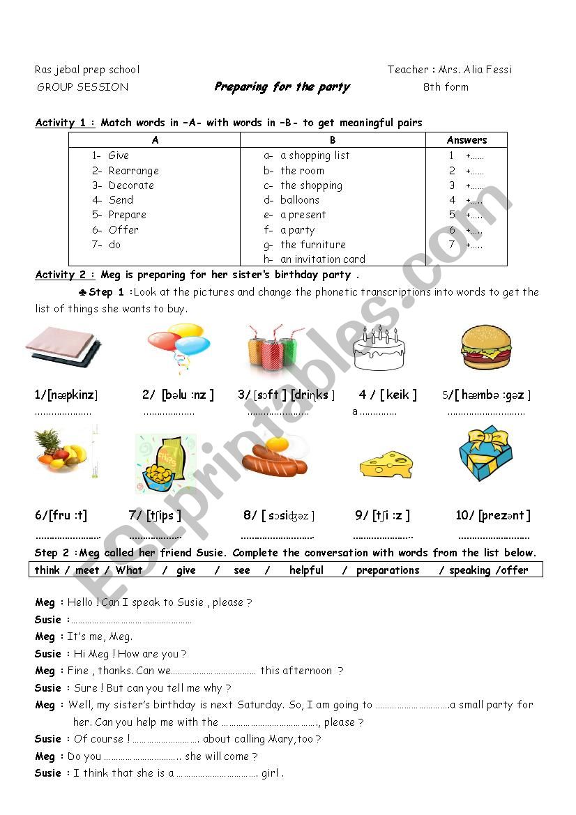 PREPARING FOR THE PARTY worksheet