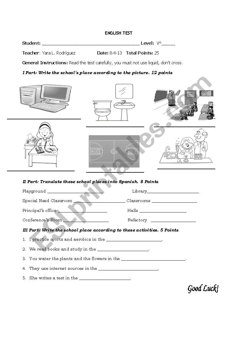 SCHOOL PLACES TEST  worksheet