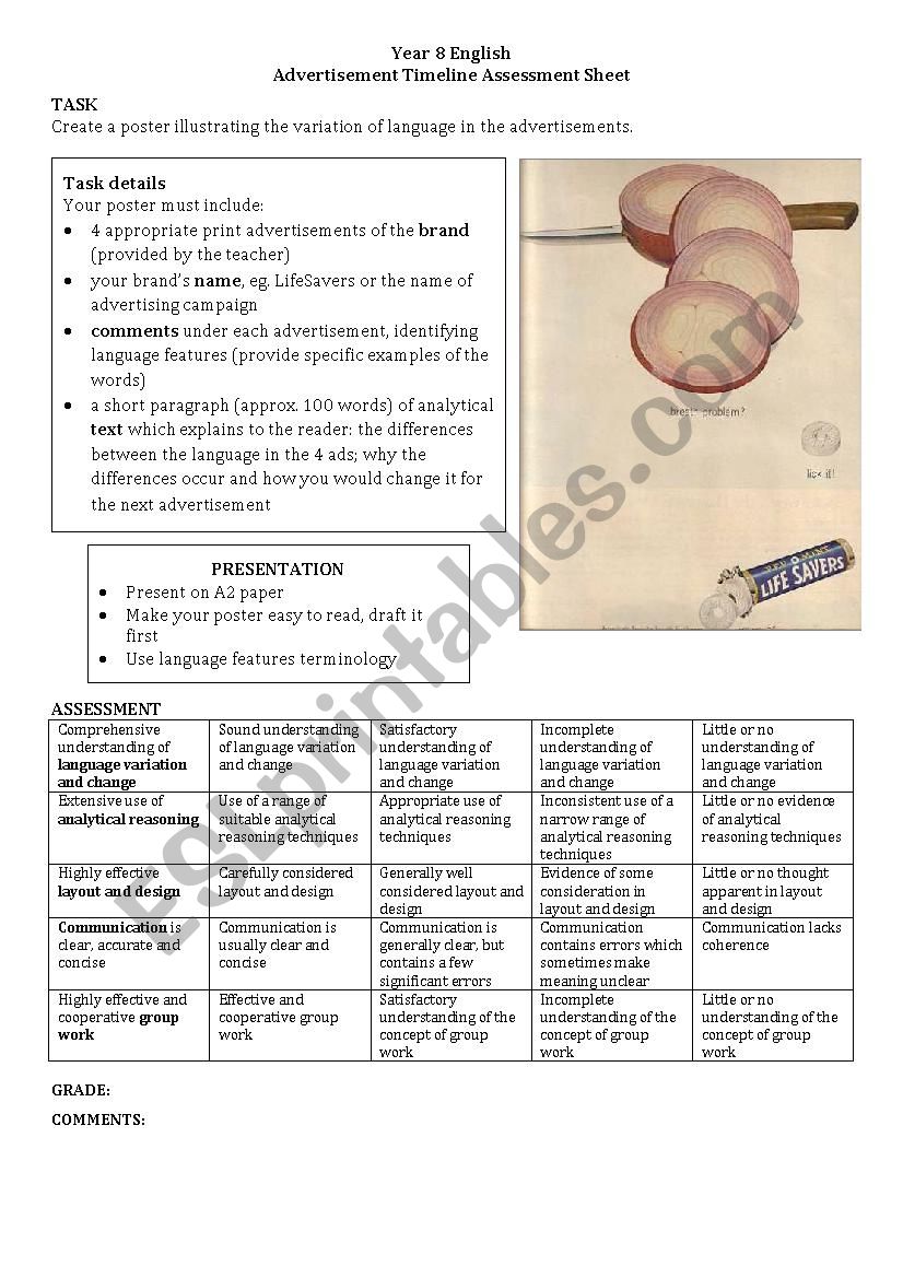 Advertisement Assessment Task worksheet