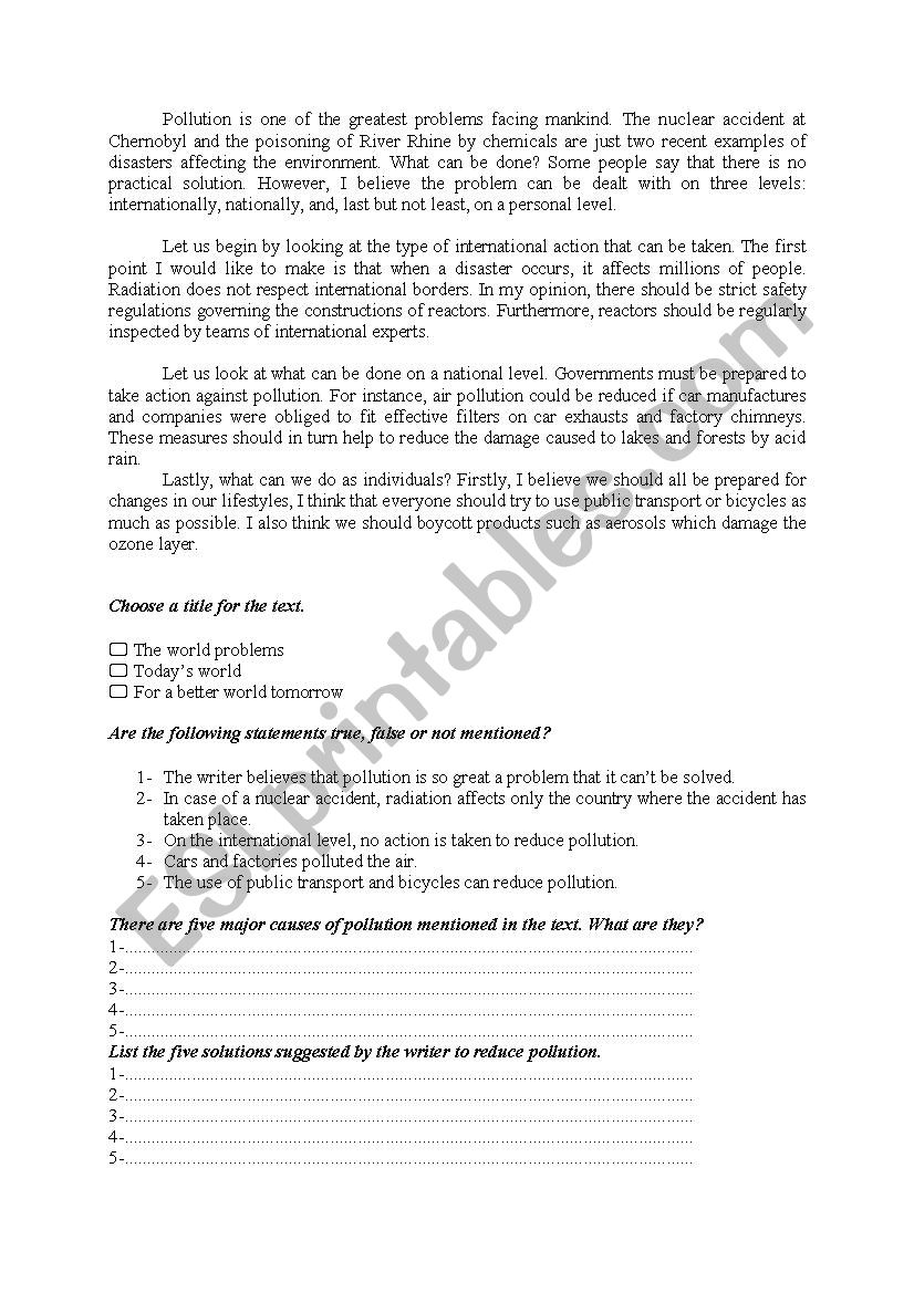 Pollution: Chernobyl Acident worksheet