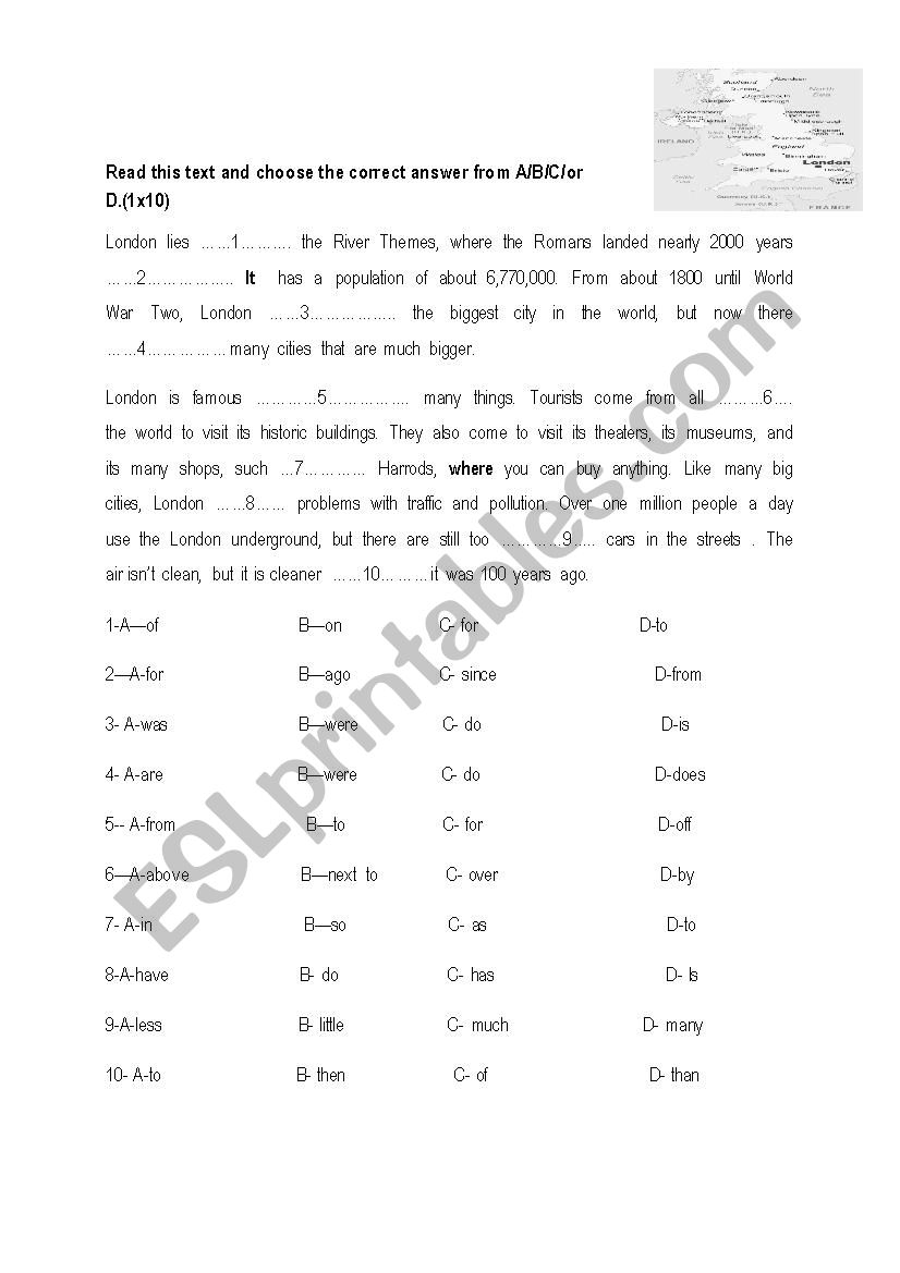 close Test  on London with model answer.