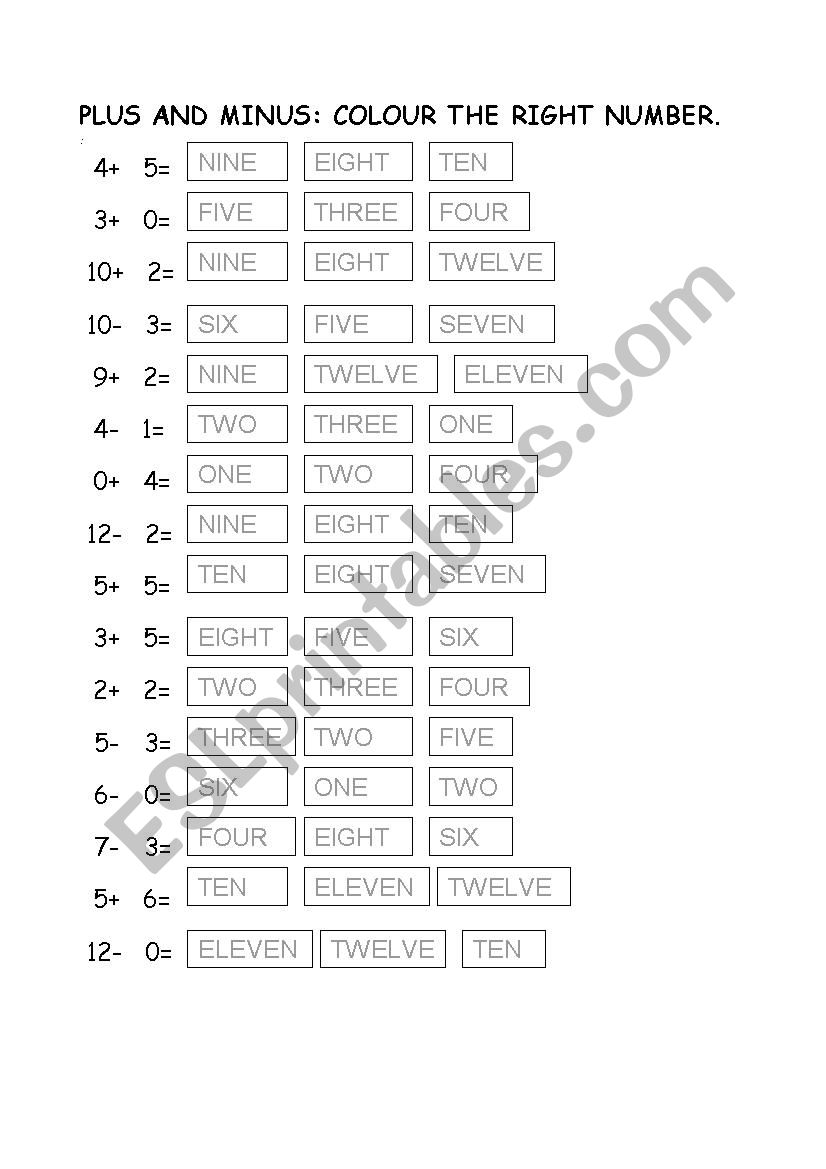 PLUS AND MINUS: COLOUR THE RIGHT NUMBERS