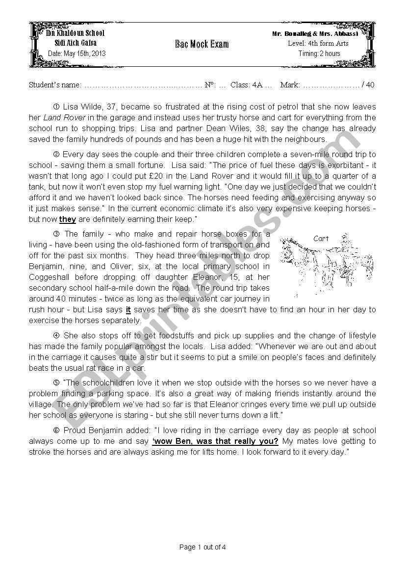 Bac Mock Exam 2013 worksheet