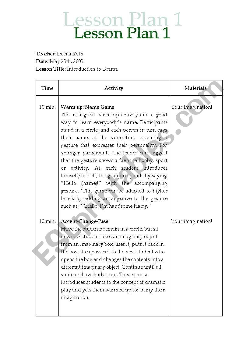 Drama Lesson Plans worksheet